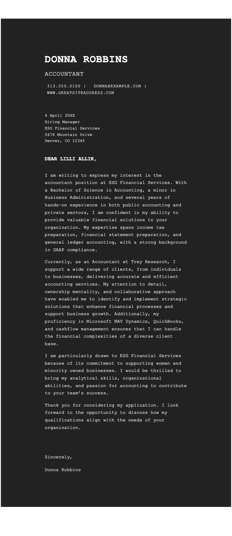 ATS finance cover letter - Sleek monospace cover letter for finance professionals seeking accounting roles with clean, print-ready layout.